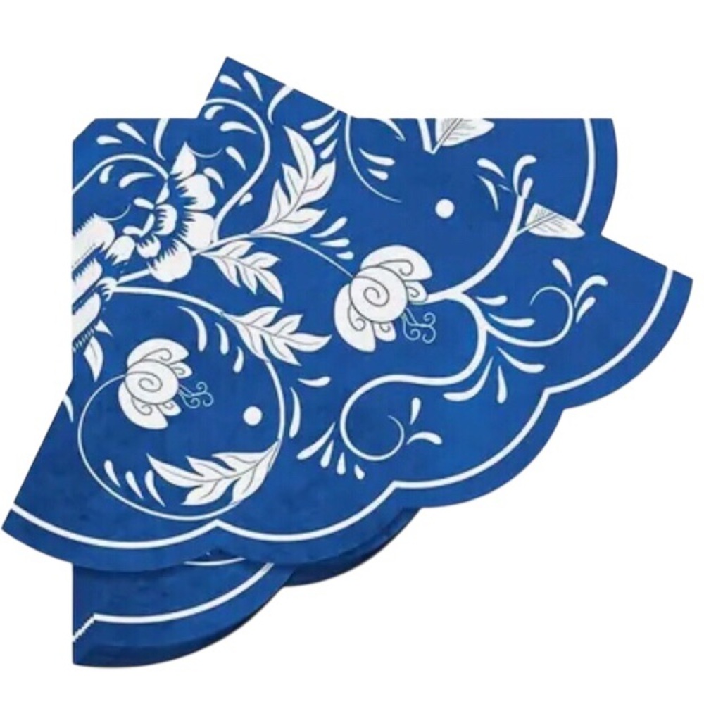 Blue and White Floral Scalloped Paper Napkins, 20ct